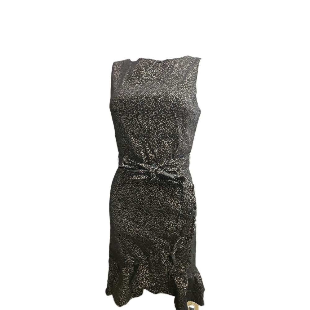 Calvin Klein Women's Ruffle Dress w/Tie Sleeveless Boat Neck - Size 8 Gold/Black